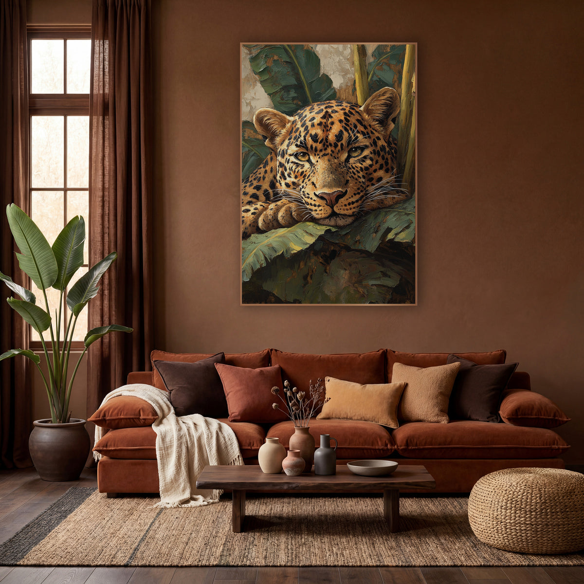 Drowsy Leopard Chin Rest Painterly wall art in a warm boho-style room – leopard with amber eyes resting its chin