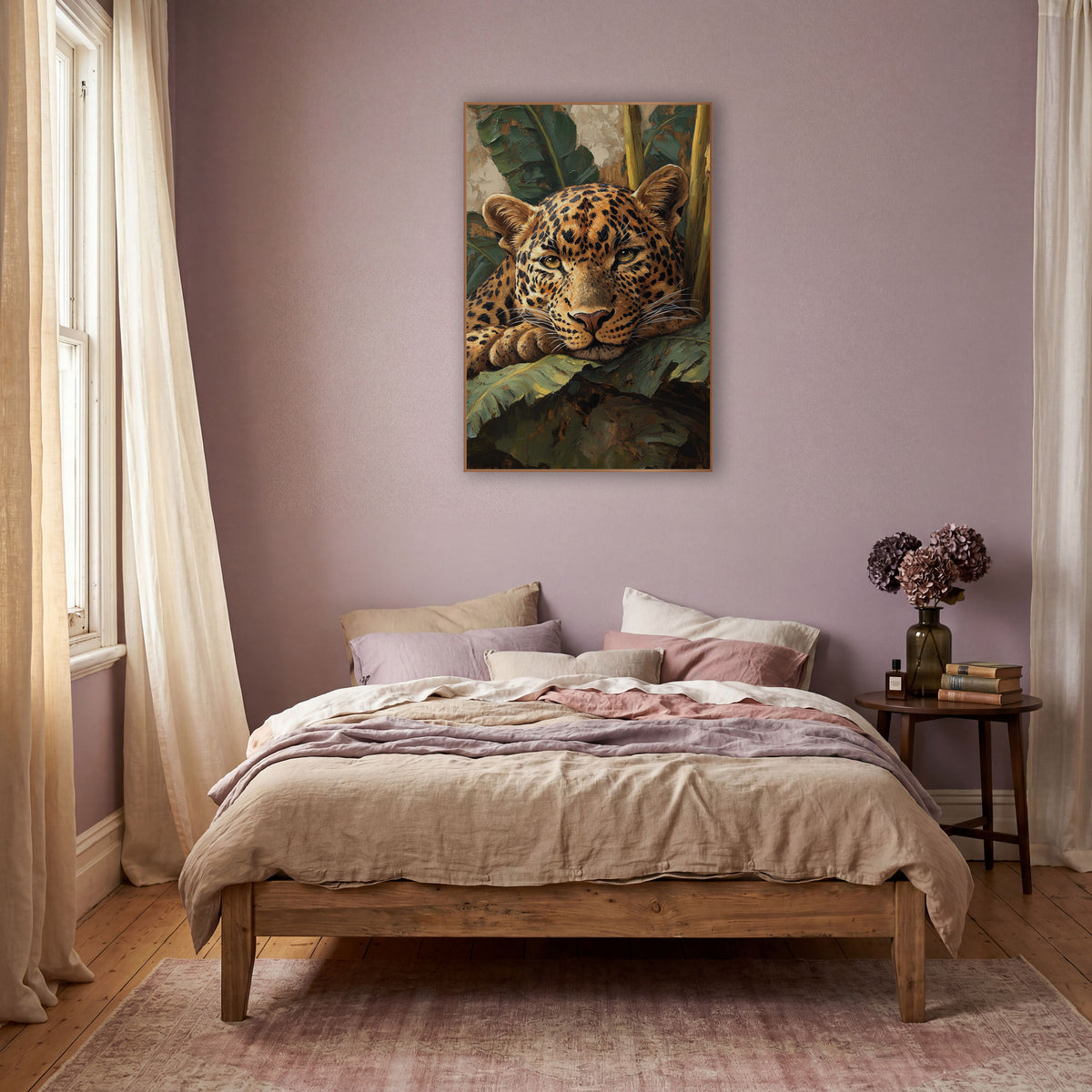 Drowsy Leopard Chin Rest Painterly wall art in a warm boho-style room – leopard with amber eyes resting its chin