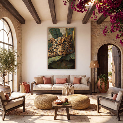 Drowsy Leopard Chin Rest Painterly wall art in a warm boho-style room – leopard with amber eyes resting its chin
