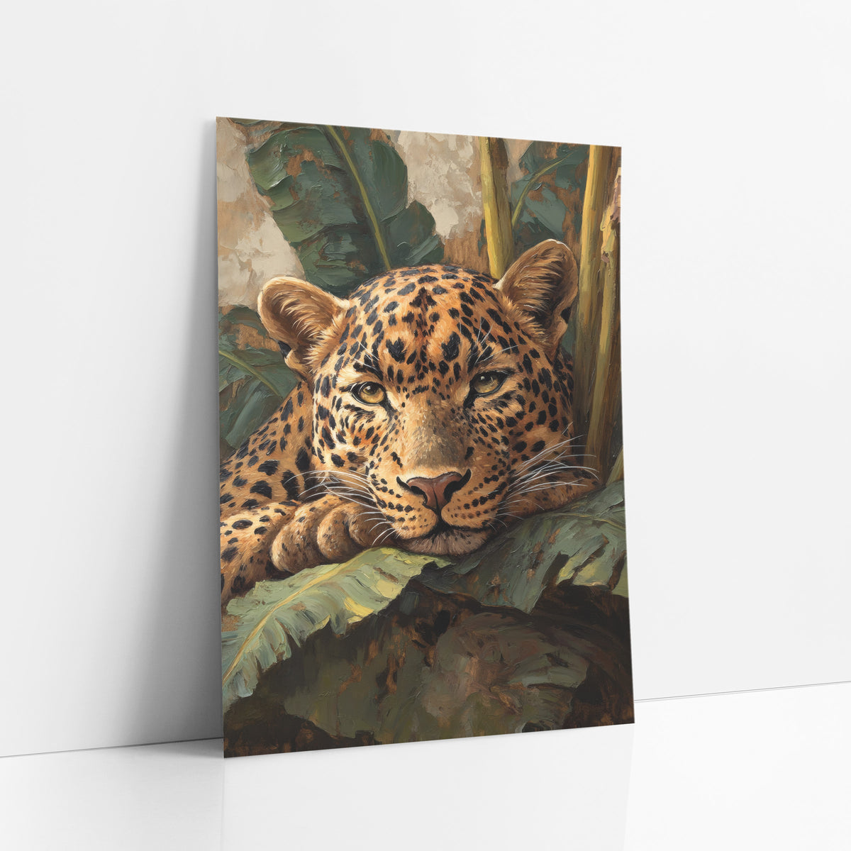 Drowsy Leopard Chin Rest Painterly art print leaning against a white wall – leopard with amber eyes resting its chin