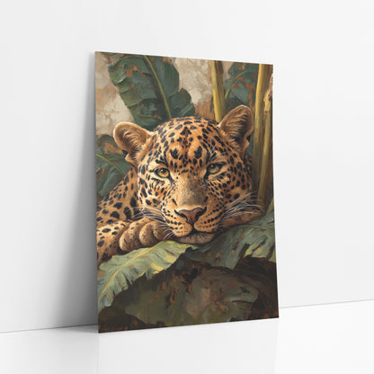 Drowsy Leopard Chin Rest Painterly art print leaning against a white wall – leopard with amber eyes resting its chin