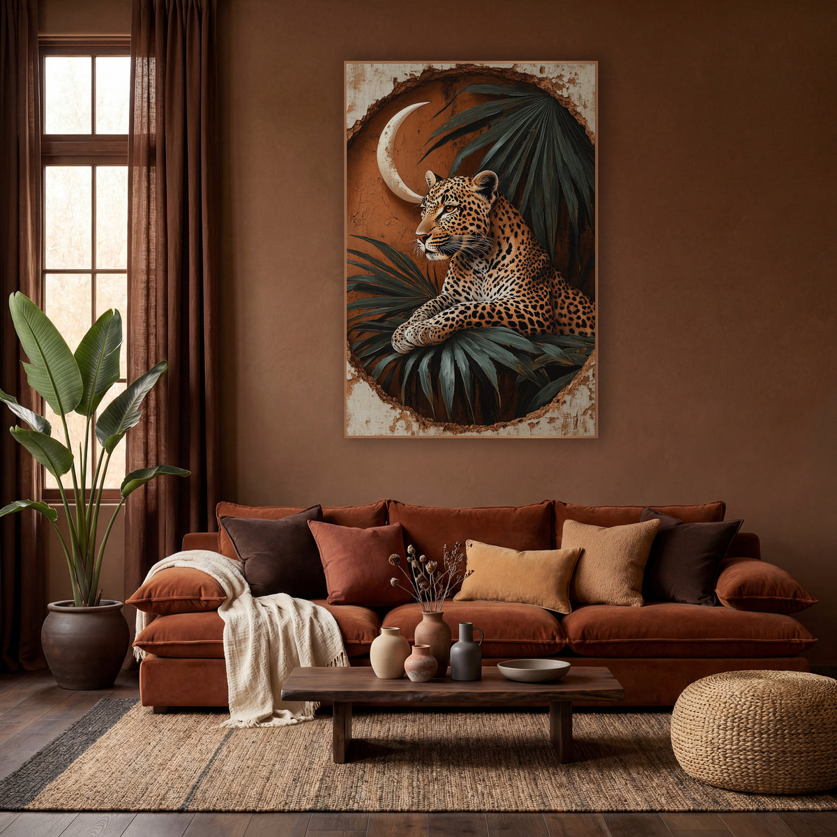 Resting Leopard Crescent Palm Boho wall art in a warm boho-style room – leopard resting on palm leaves beneath