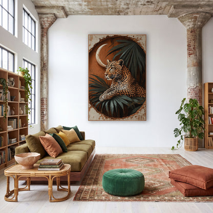 Resting Leopard Crescent Palm Boho wall art in a warm boho-style room – leopard resting on palm leaves beneath
