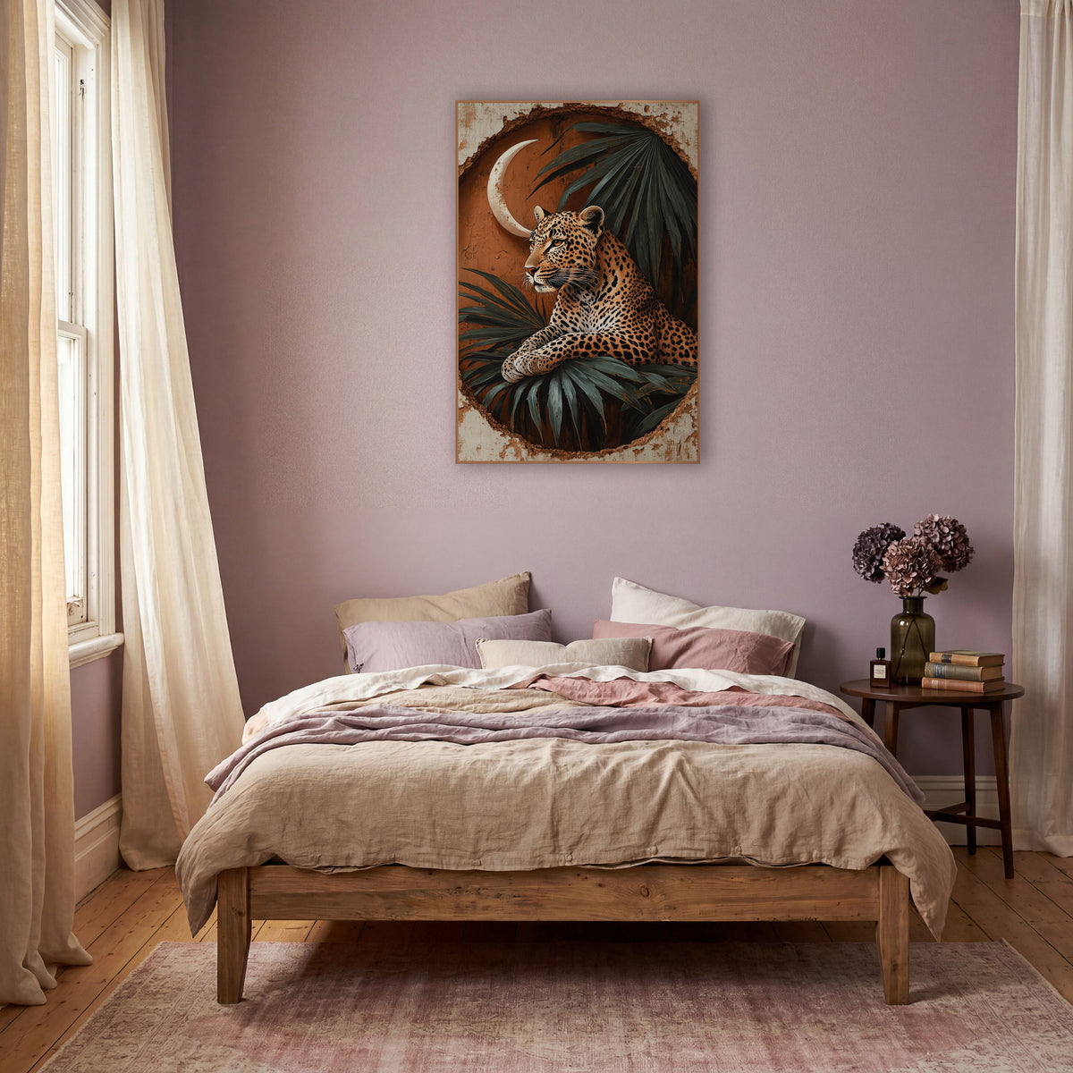 Resting Leopard Crescent Palm Boho wall art in a warm boho-style room – leopard resting on palm leaves beneath