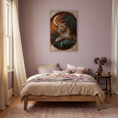 Resting Leopard Crescent Palm Boho wall art in a warm boho-style room – leopard resting on palm leaves beneath