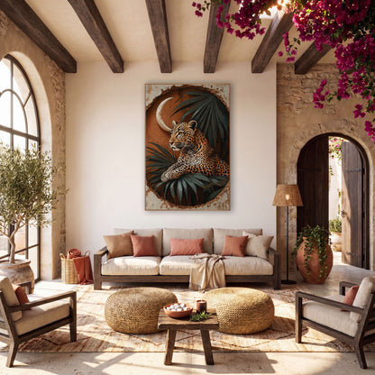 Resting Leopard Crescent Palm Boho wall art in a warm boho-style room – leopard resting on palm leaves beneath