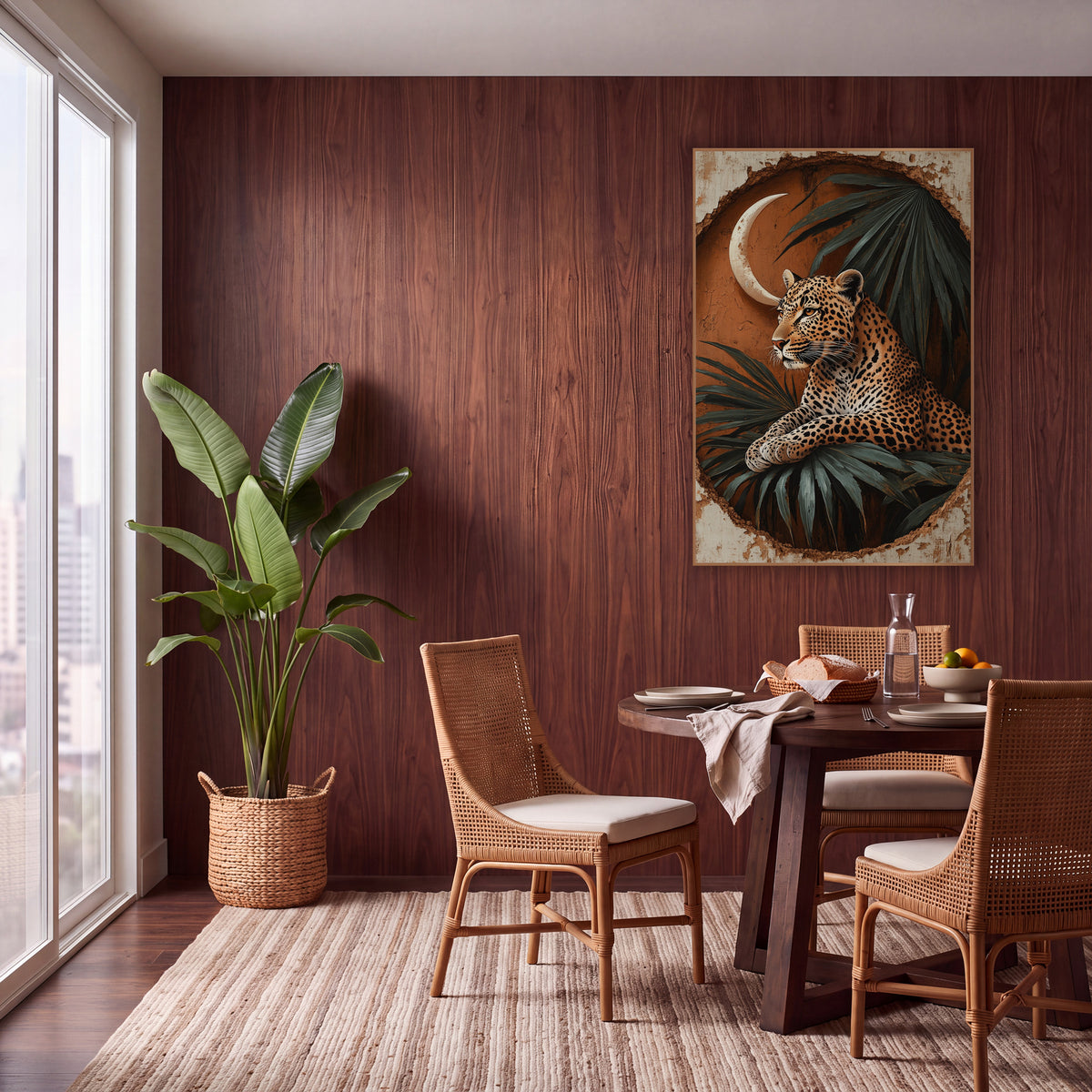 Resting Leopard Crescent Palm Boho wall art in a warm boho-style room – leopard resting on palm leaves beneath