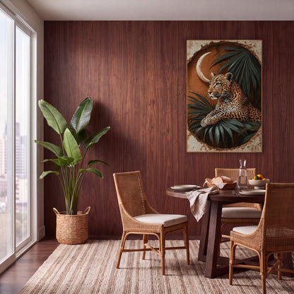 Resting Leopard Crescent Palm Boho wall art in a warm boho-style room – leopard resting on palm leaves beneath