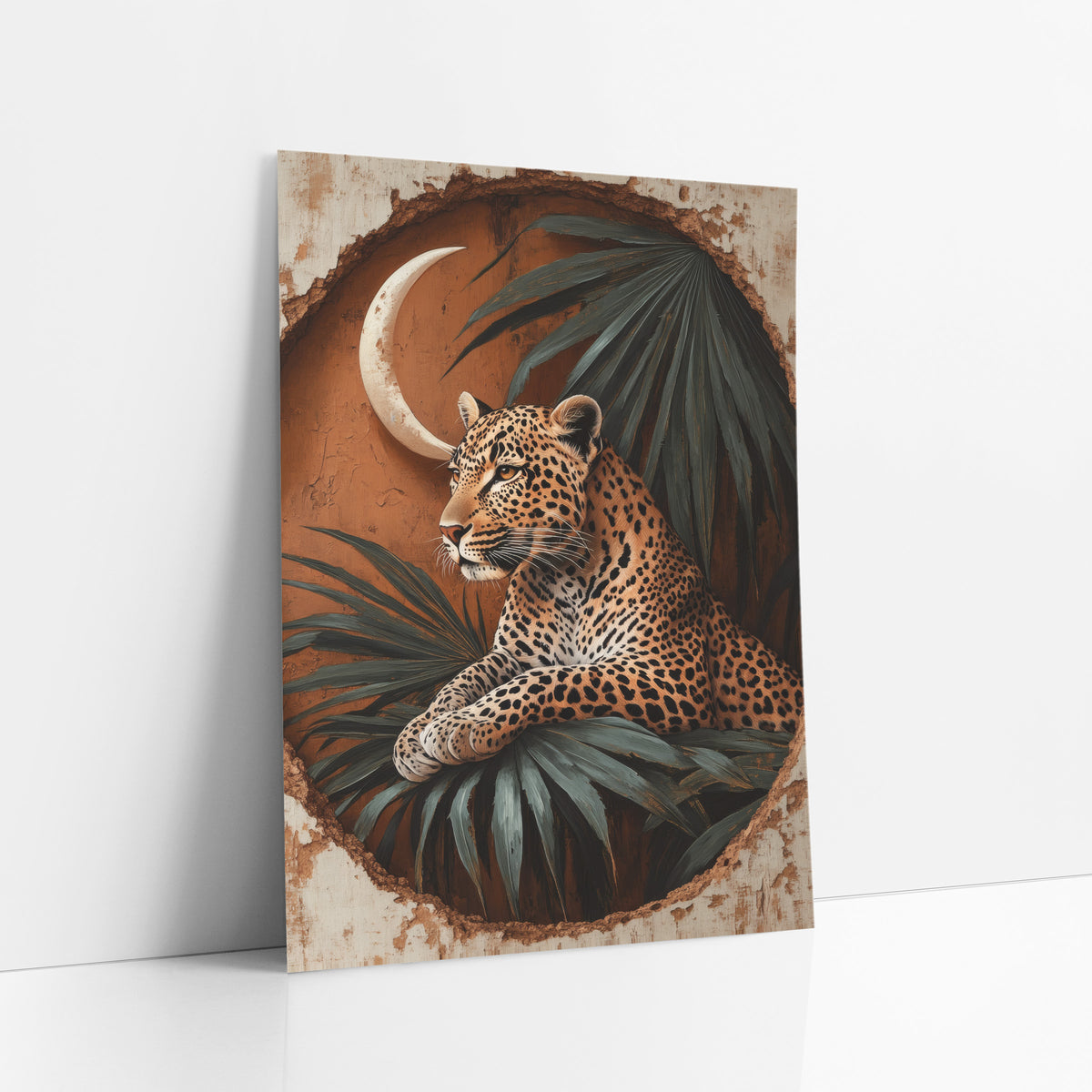 Resting Leopard Crescent Palm Boho art print leaning against a white wall – leopard resting on palm leaves beneath a crescent