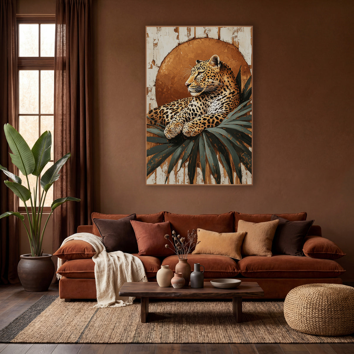 Leopard Before Copper Sun Boho wall art in a warm boho-style room – leopard resting on dark green palm leaves in front