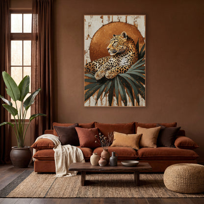 Leopard Before Copper Sun Boho wall art in a warm boho-style room – leopard resting on dark green palm leaves in front