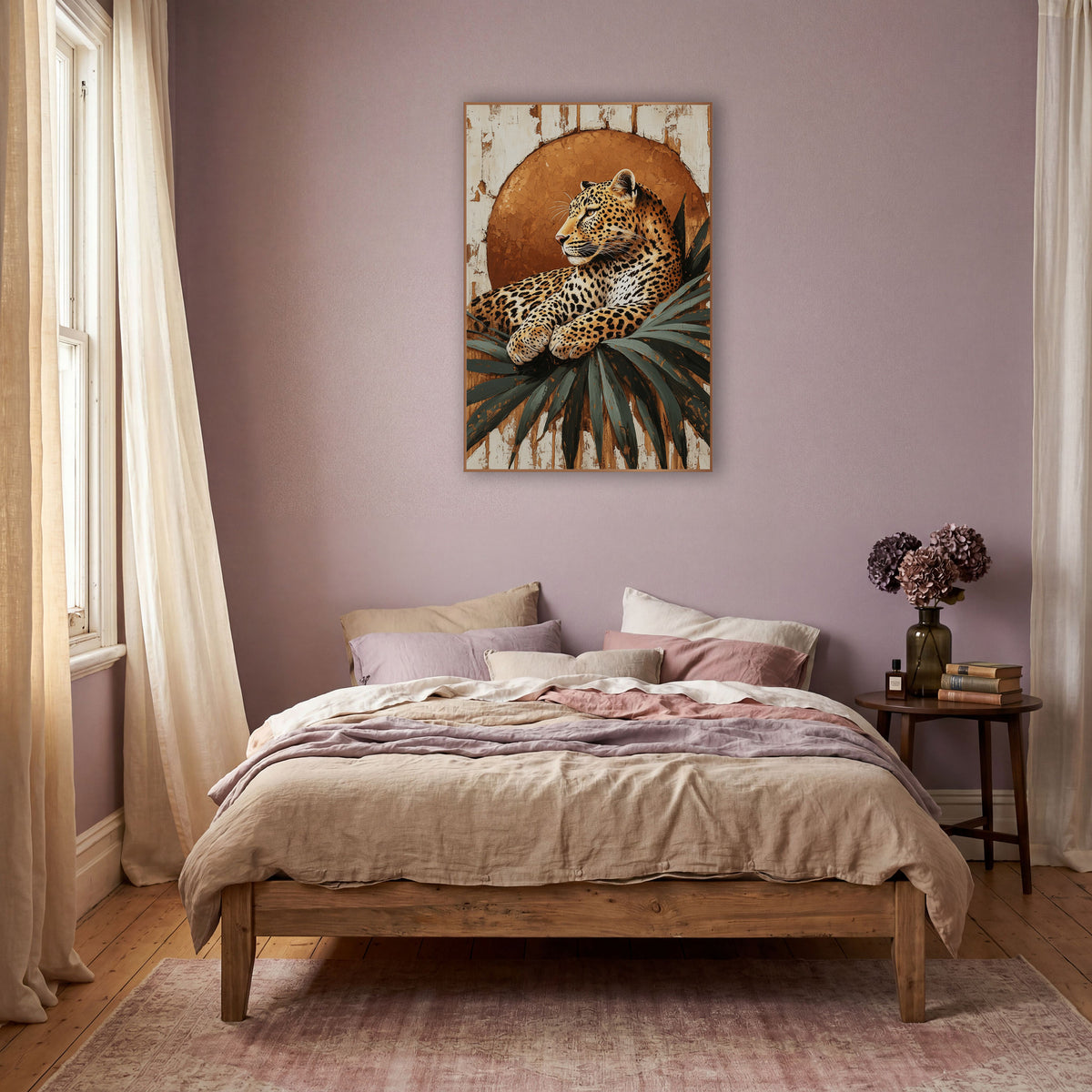 Leopard Before Copper Sun Boho wall art in a warm boho-style room – leopard resting on dark green palm leaves in front