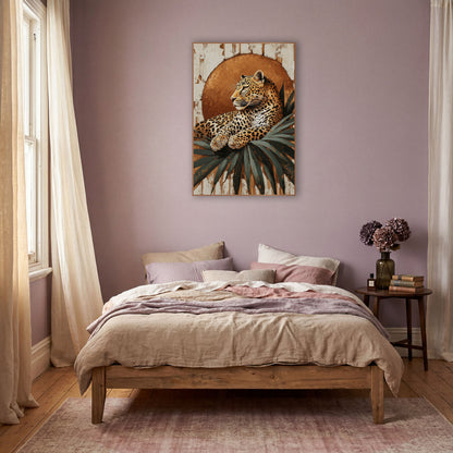 Leopard Before Copper Sun Boho wall art in a warm boho-style room – leopard resting on dark green palm leaves in front