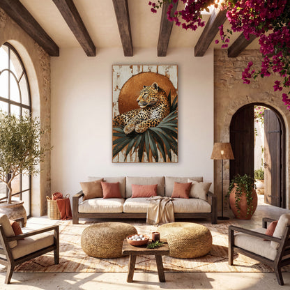 Leopard Before Copper Sun Boho wall art in a warm boho-style room – leopard resting on dark green palm leaves in front
