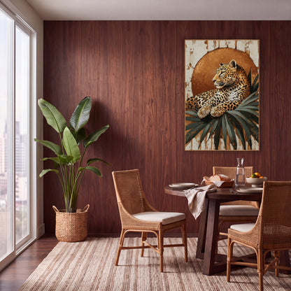 Leopard Before Copper Sun Boho wall art in a warm boho-style room – leopard resting on dark green palm leaves in front