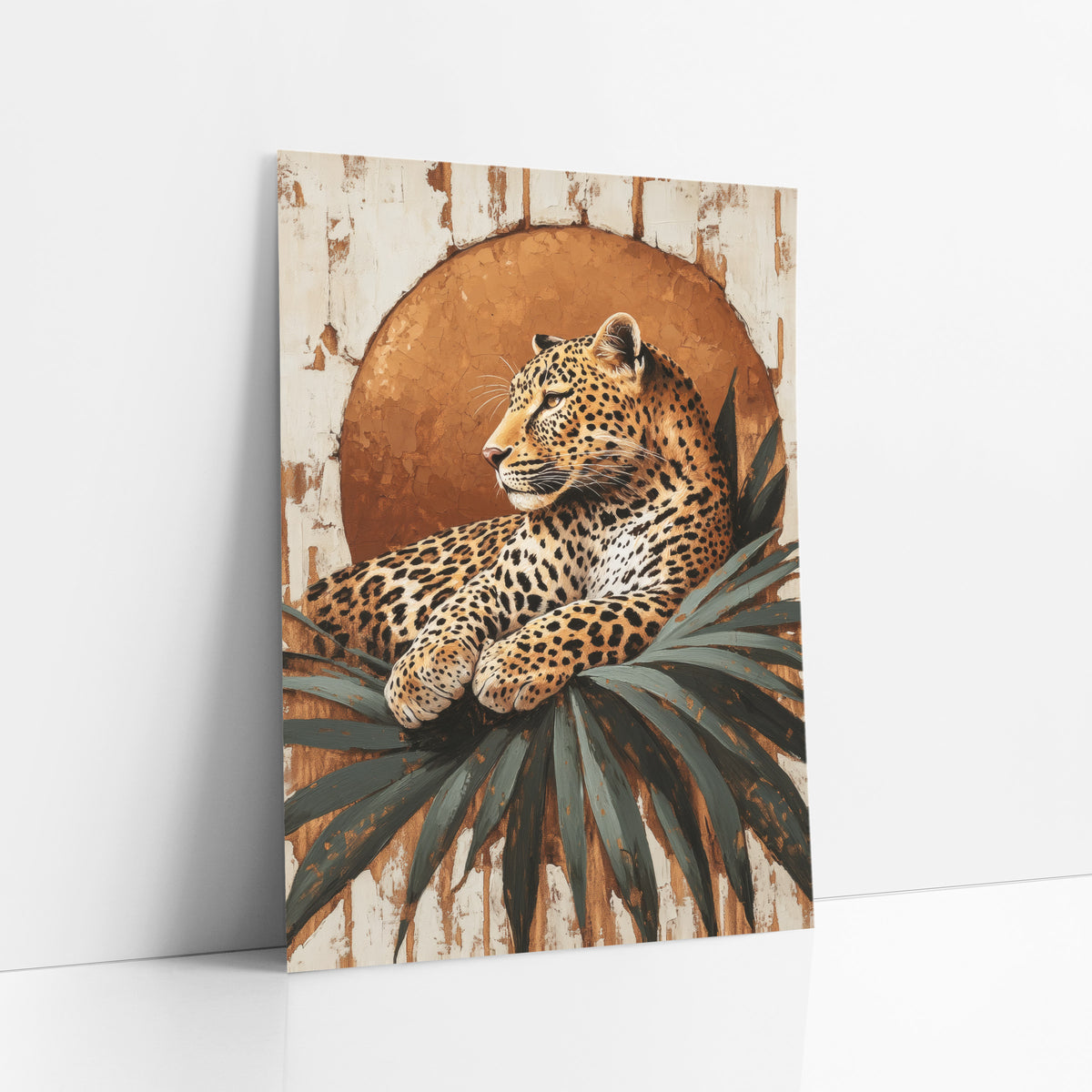 Leopard Before Copper Sun Boho art print leaning against a white wall – leopard resting on dark green palm leaves in front