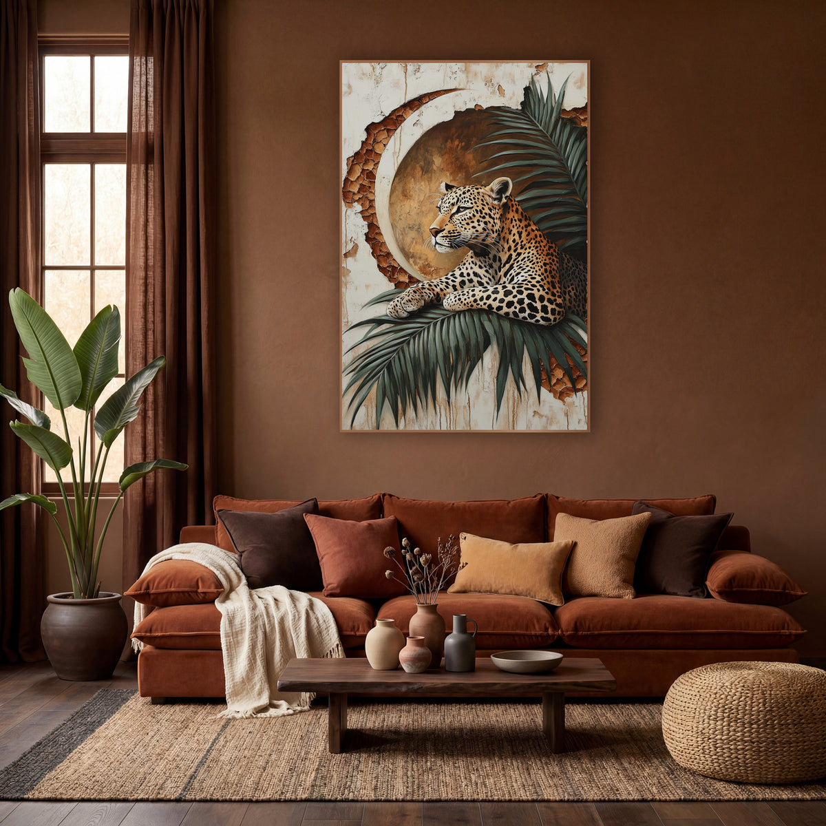 Leopard Palm Crescent Moon Boho wall art in a warm boho-style room – leopard resting on a green palm frond in front
