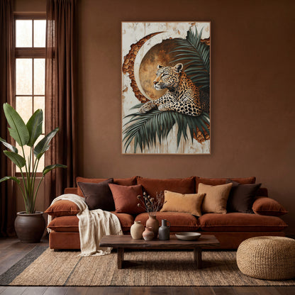 Leopard Palm Crescent Moon Boho wall art in a warm boho-style room – leopard resting on a green palm frond in front