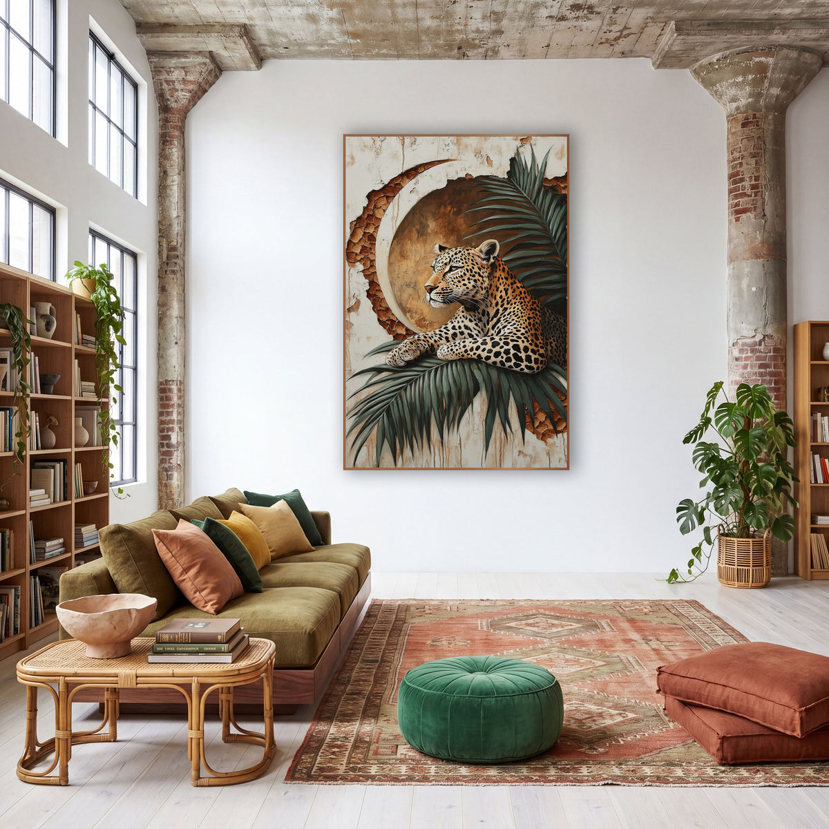 Leopard Palm Crescent Moon Boho wall art in a warm boho-style room – leopard resting on a green palm frond in front