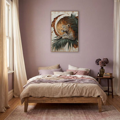 Leopard Palm Crescent Moon Boho wall art in a warm boho-style room – leopard resting on a green palm frond in front