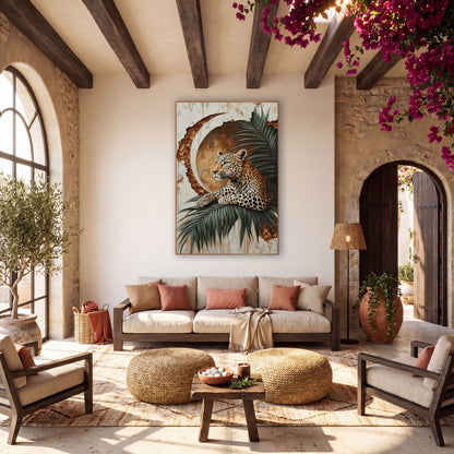Leopard Palm Crescent Moon Boho wall art in a warm boho-style room – leopard resting on a green palm frond in front
