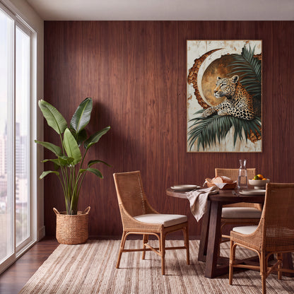 Leopard Palm Crescent Moon Boho wall art in a warm boho-style room – leopard resting on a green palm frond in front