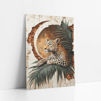 Leopard Palm Crescent Moon Boho art print leaning against a white wall – leopard resting on a green palm frond in front