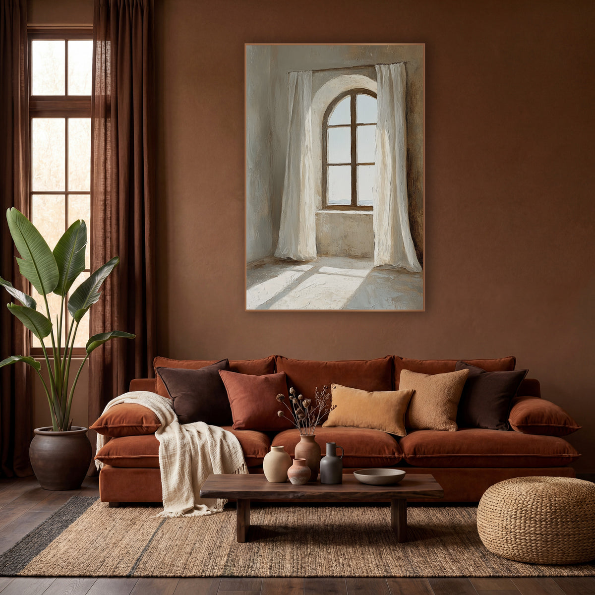 Sunlit Arched Window Linen Curtains wall art in a warm boho-style room – arched window with dark wood frame between