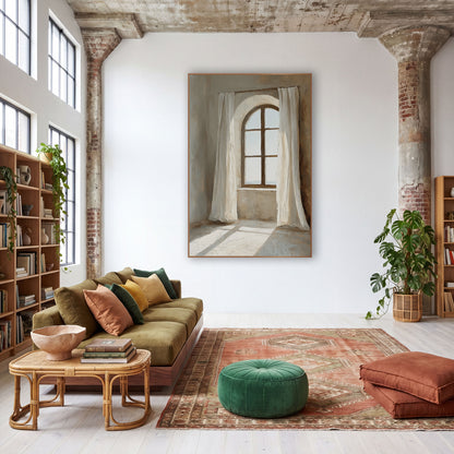 Sunlit Arched Window Linen Curtains wall art in a warm boho-style room – arched window with dark wood frame between