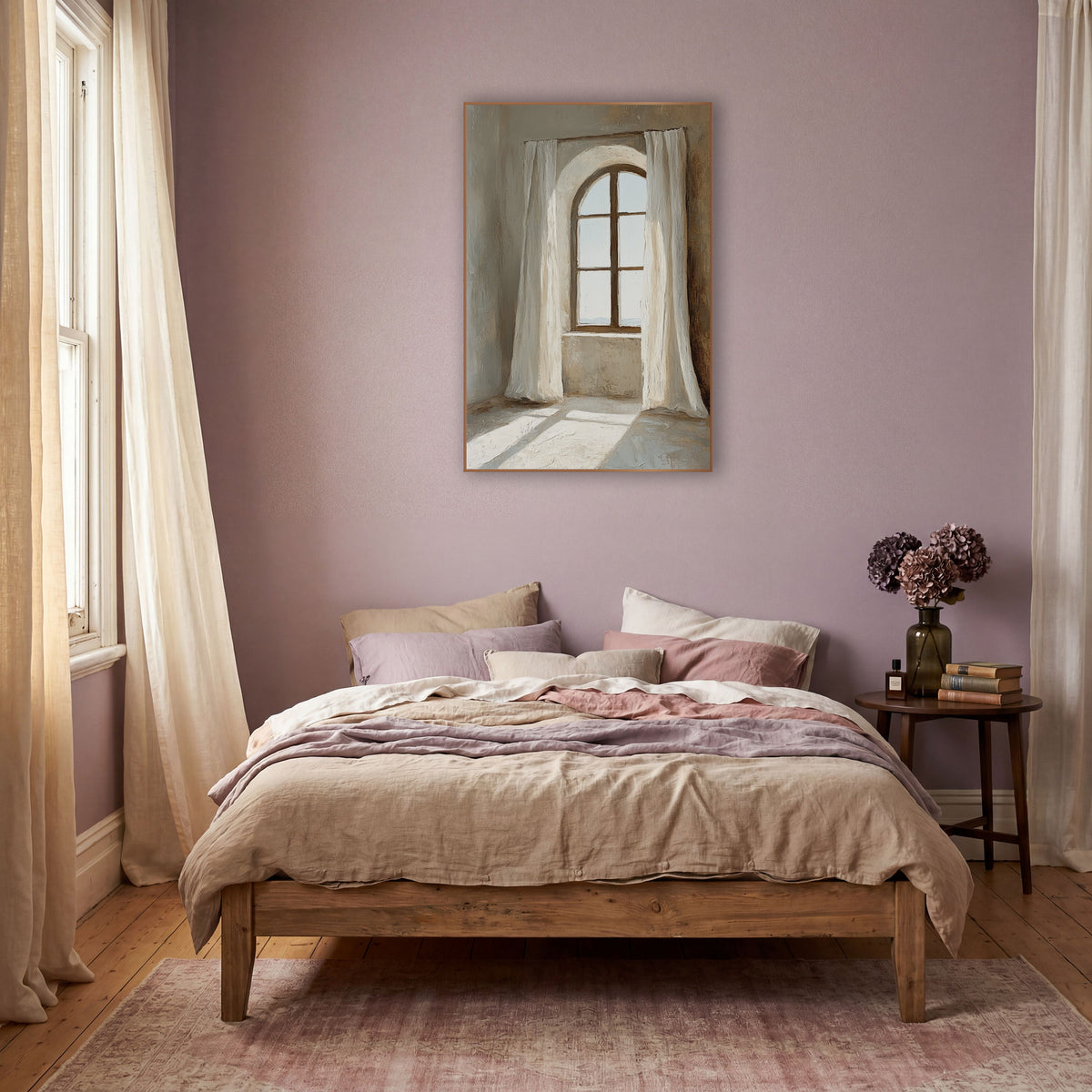 Sunlit Arched Window Linen Curtains wall art in a warm boho-style room – arched window with dark wood frame between