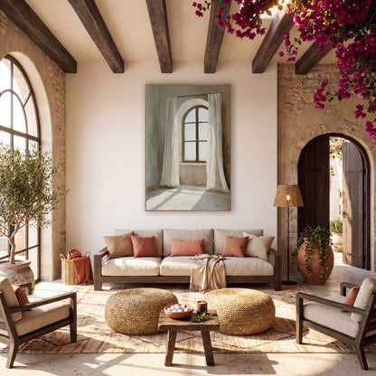 Sunlit Arched Window Linen Curtains wall art in a warm boho-style room – arched window with dark wood frame between