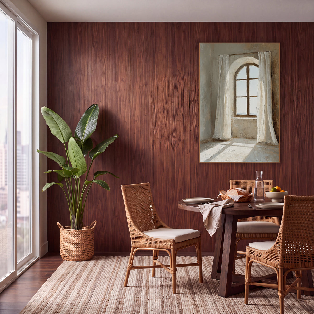 Sunlit Arched Window Linen Curtains wall art in a warm boho-style room – arched window with dark wood frame between
