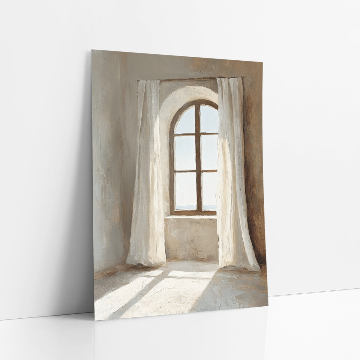 Sunlit Arched Window Linen Curtains art print leaning against a white wall – arched window with dark wood frame between two