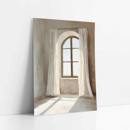Sunlit Arched Window Linen Curtains art print leaning against a white wall – arched window with dark wood frame between two