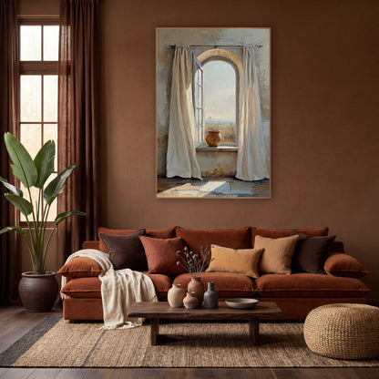 Arched Window Linen Curtain Boho wall art in a warm boho-style room – open arched window with cream linen curtains