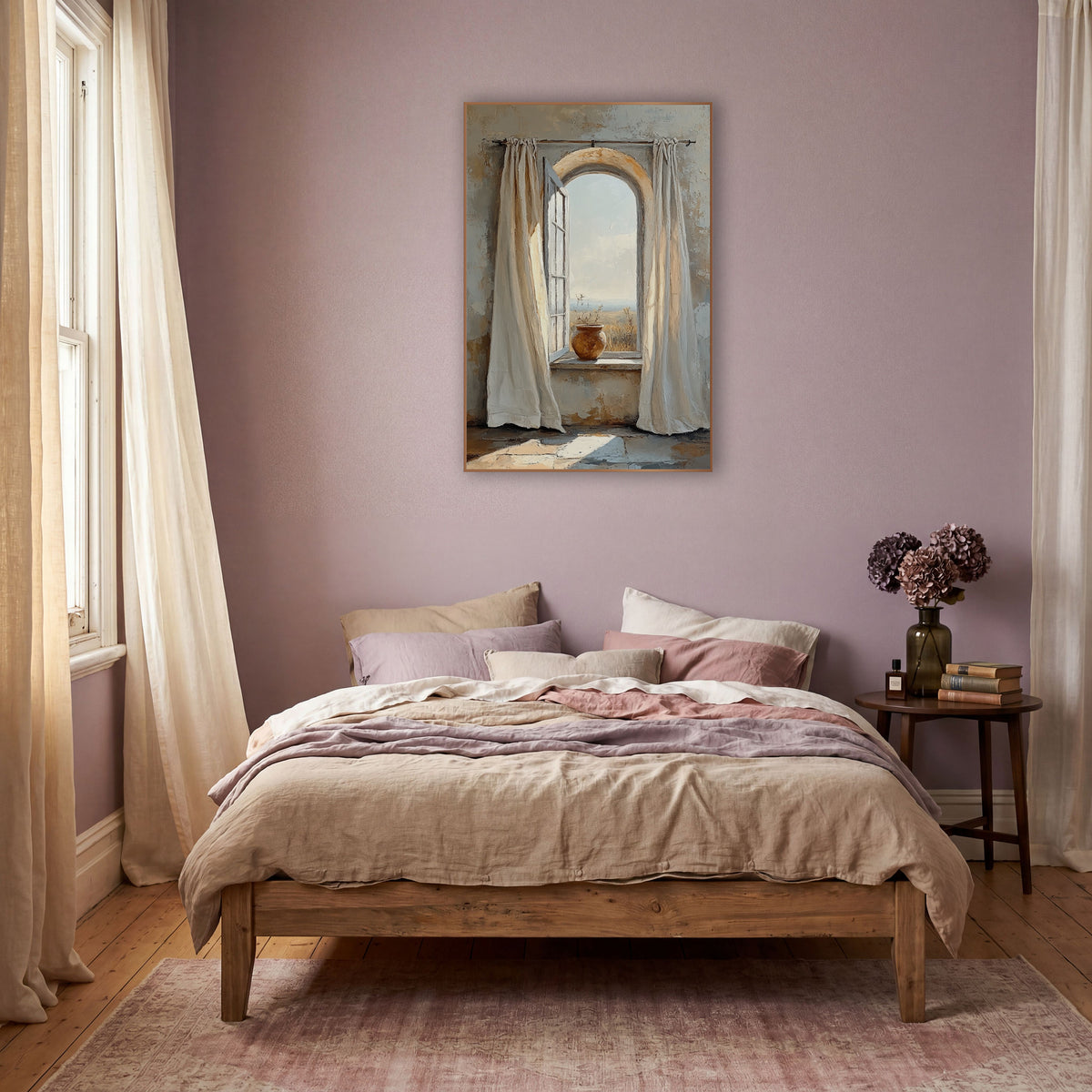 Arched Window Linen Curtain Boho wall art in a warm boho-style room – open arched window with cream linen curtains