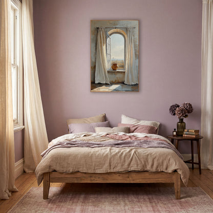Arched Window Linen Curtain Boho wall art in a warm boho-style room – open arched window with cream linen curtains