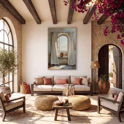 Arched Window Linen Curtain Boho wall art in a warm boho-style room – open arched window with cream linen curtains