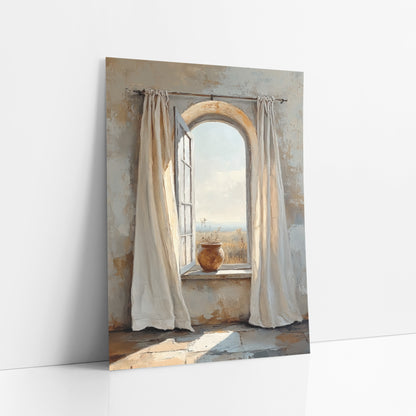 Arched Window Linen Curtain Boho art print leaning against a white wall – open arched window with cream linen curtains, clay