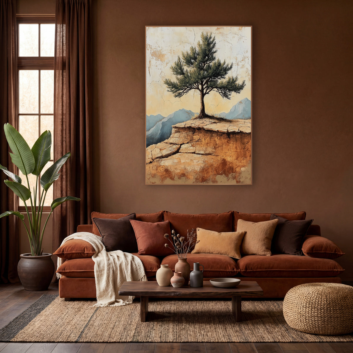 Lone Pine Mountain Ridge Boho wall art in a warm boho-style room – lone evergreen tree on a cracked sandstone ledge
