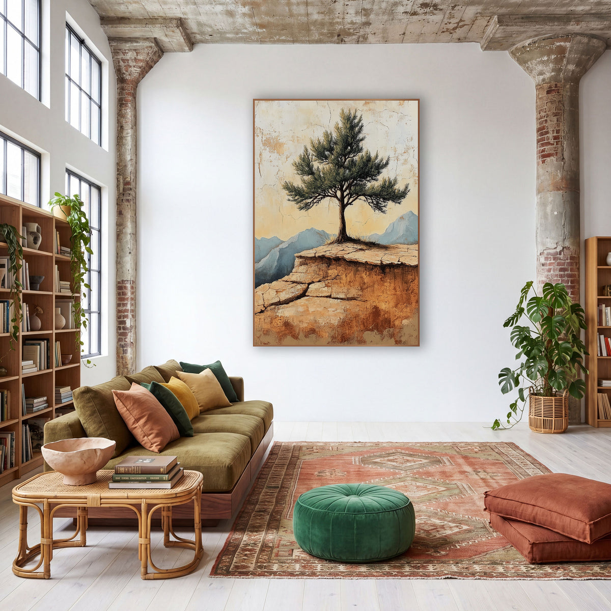 Lone Pine Mountain Ridge Boho wall art in a warm boho-style room – lone evergreen tree on a cracked sandstone ledge