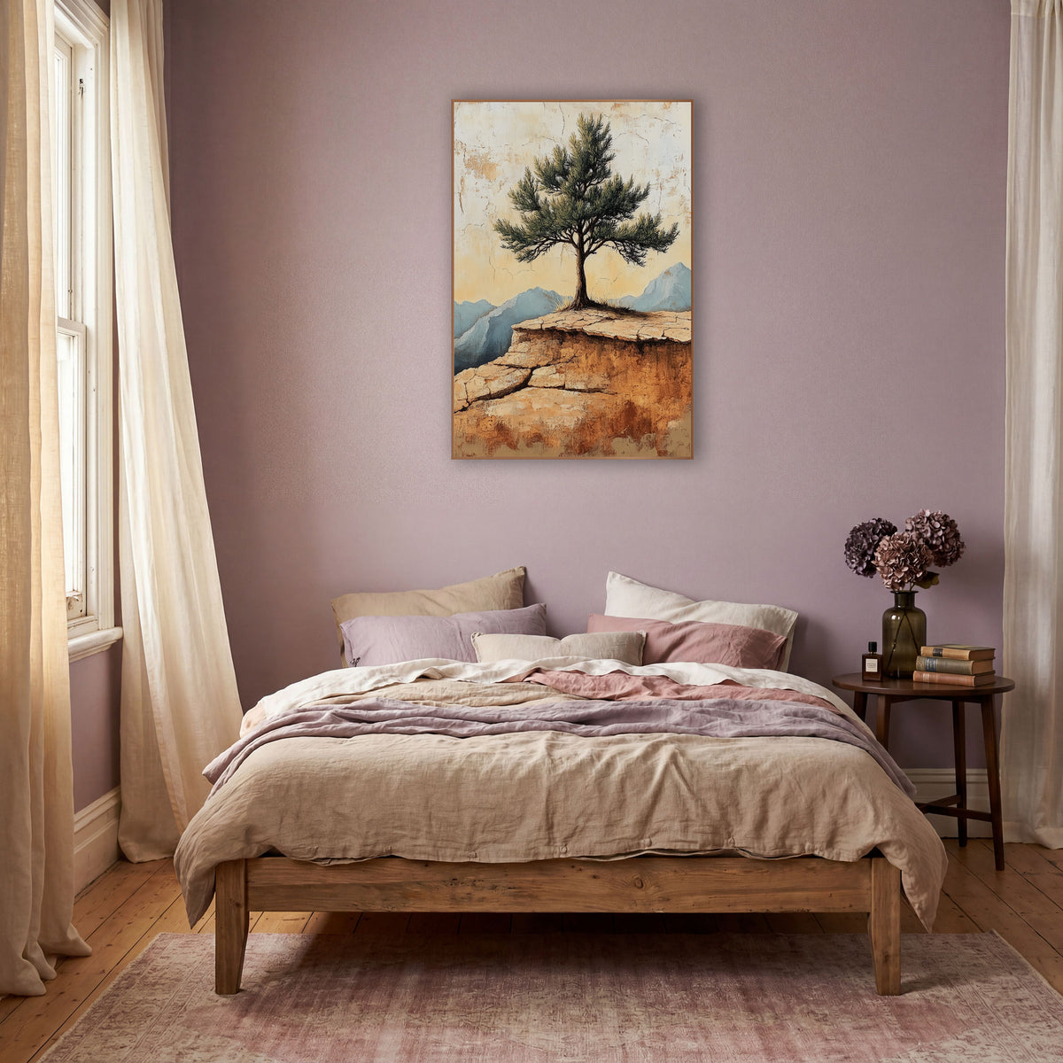 Lone Pine Mountain Ridge Boho wall art in a warm boho-style room – lone evergreen tree on a cracked sandstone ledge