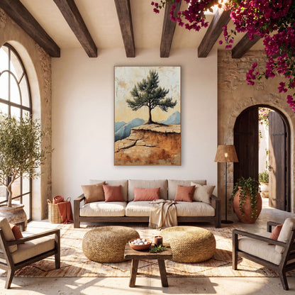 Lone Pine Mountain Ridge Boho wall art in a warm boho-style room – lone evergreen tree on a cracked sandstone ledge