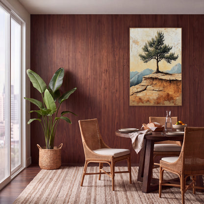 Lone Pine Mountain Ridge Boho wall art in a warm boho-style room – lone evergreen tree on a cracked sandstone ledge