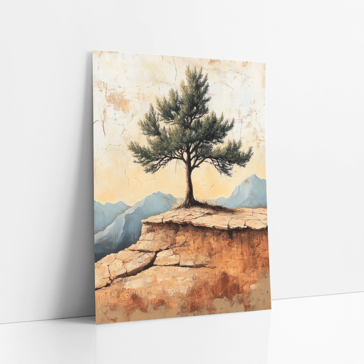 Lone Pine Mountain Ridge Boho art print leaning against a white wall – lone evergreen tree on a cracked sandstone ledge