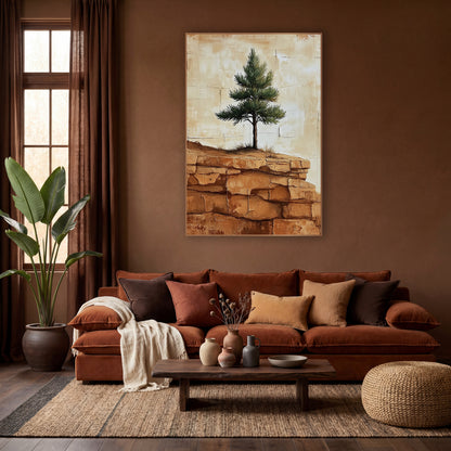 Young Pine Layered Sandstone Rustic wall art in a warm boho-style room – small evergreen tree on a ridge of orange