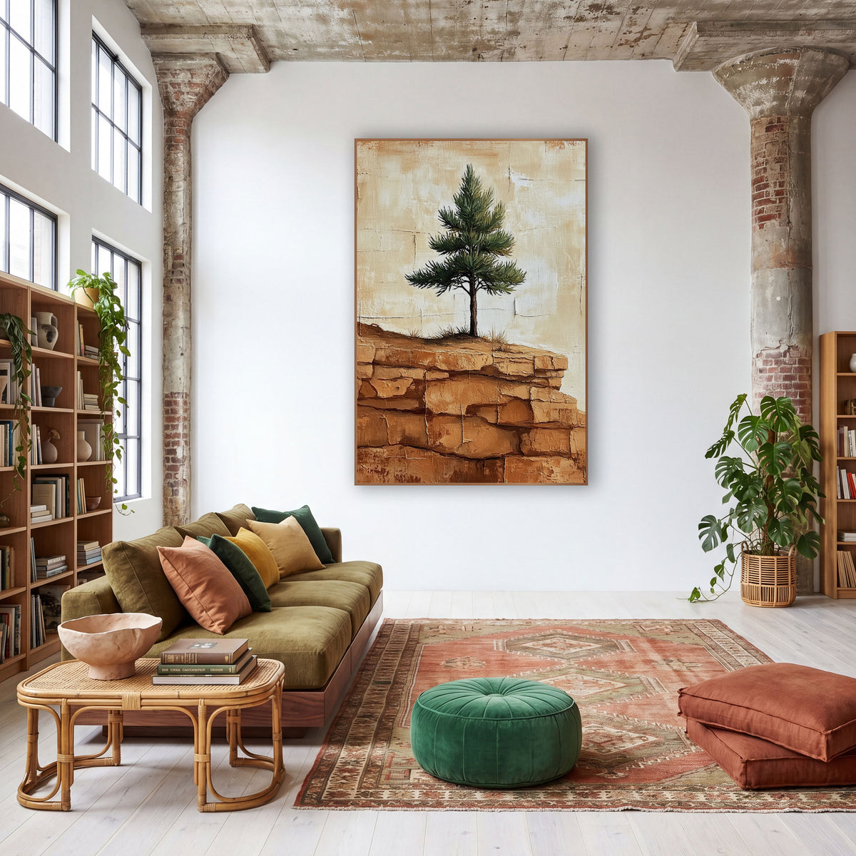 Young Pine Layered Sandstone Rustic wall art in a warm boho-style room – small evergreen tree on a ridge of orange