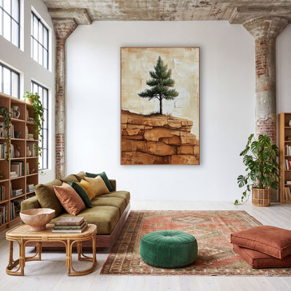 Young Pine Layered Sandstone Rustic wall art in a warm boho-style room – small evergreen tree on a ridge of orange