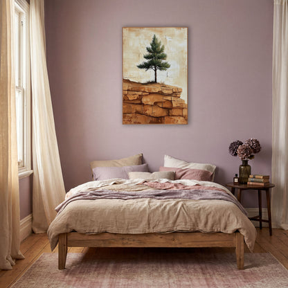 Young Pine Layered Sandstone Rustic wall art in a warm boho-style room – small evergreen tree on a ridge of orange