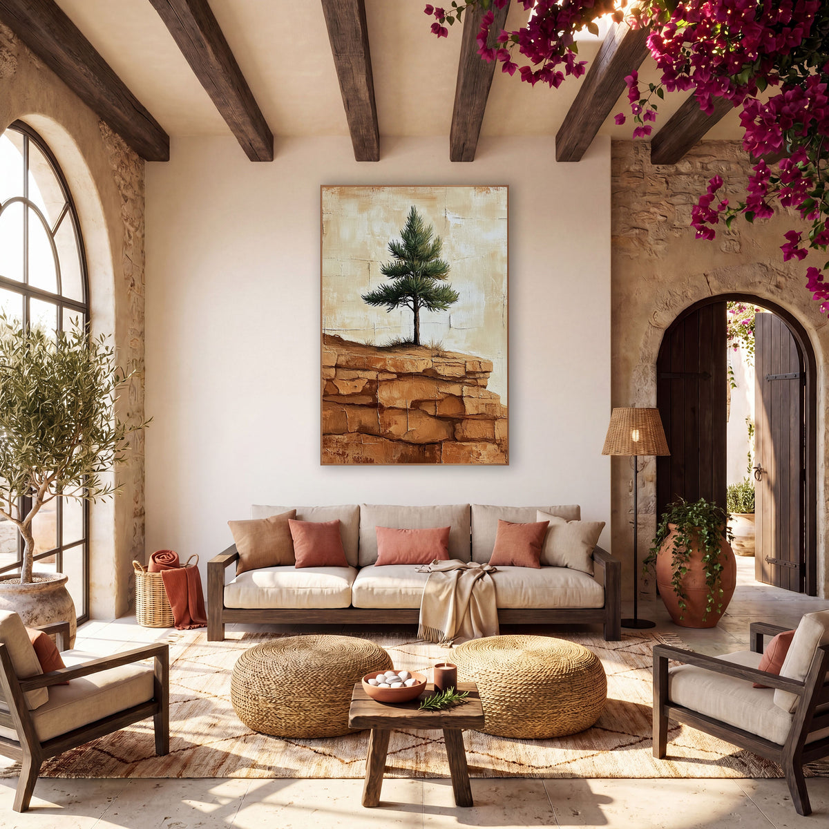 Young Pine Layered Sandstone Rustic wall art in a warm boho-style room – small evergreen tree on a ridge of orange
